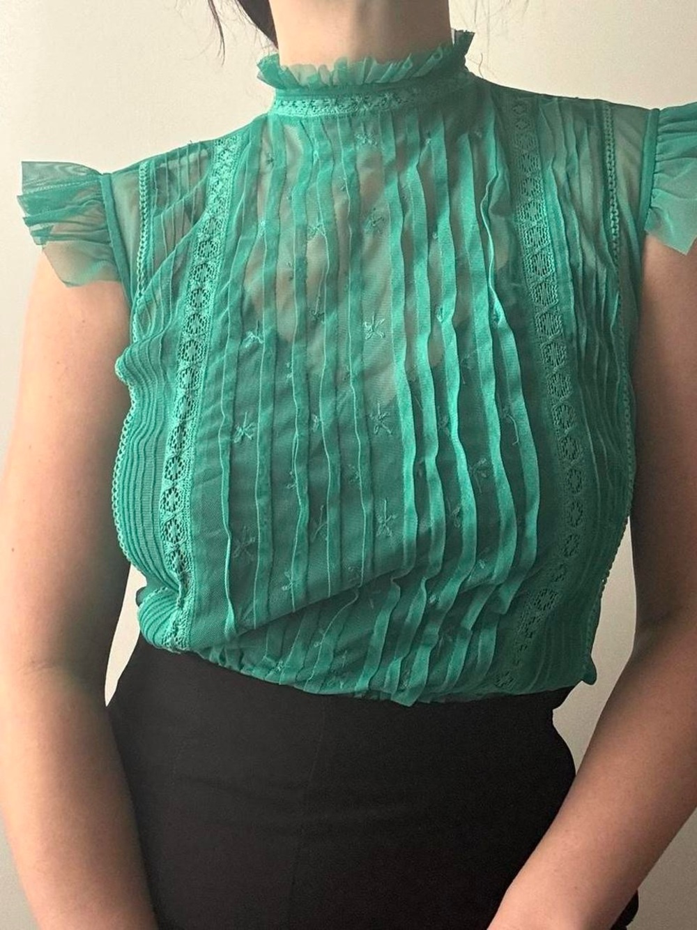 2000’s vintage teal green sheer lacy ruffled mesh high neck top